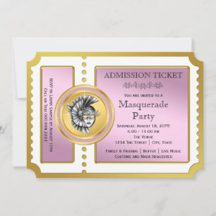 Golden Ticket Pink en Gold Masquerade Party Kaart