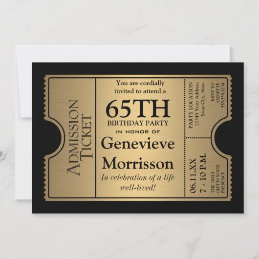 Golden Ticket Style 65th Birthday Party Invite Kaart (Voorkant)