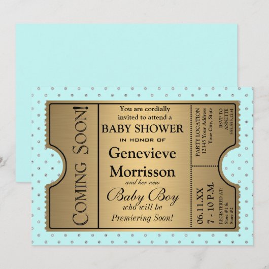 Golden Ticket Style Baby Boy Douche Uitnodiging (Voorkant / Achterkant)