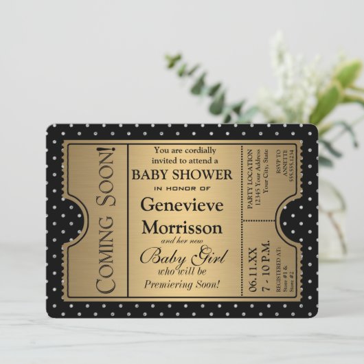 Golden Ticket Style Zwart Goud Meisje Baby shower Kaart (Staand voorkant)