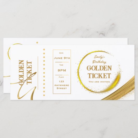 Golden Ticket White en Gold Invitation Flat Card (Voorkant / Achterkant)