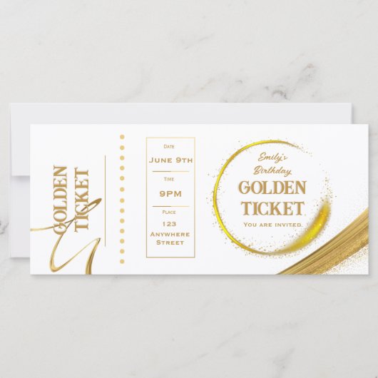 Golden Ticket White en Gold Invitation Flat Card (Voorkant)