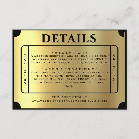 Golden Ticket Zwart & Goud Wedding Details Informatiekaartje (Voorkant)