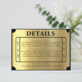 Golden Ticket Zwart & Goud Wedding Details Informatiekaartje (Staand voorkant)