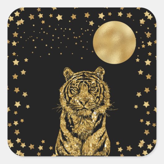 Golden Tiger Stars en Moon Black Vierkante Sticker (Voorkant)