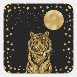 Golden Tiger Stars en Moon Black Vierkante Sticker