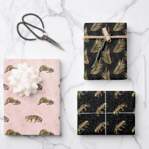 Golden Tigers Pattern Pink Black Elegant Luxe Inpakpapier Vel