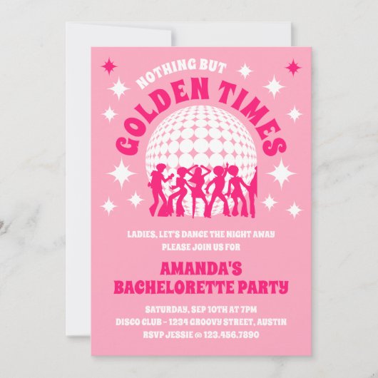 Golden Times Groovy Pink Bachelorette Party Kaart (Voorkant)