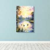 Golden Tranquility Sunset Pond Landschap met Eend Canvas Afdruk (Insitu (Houten vloer))