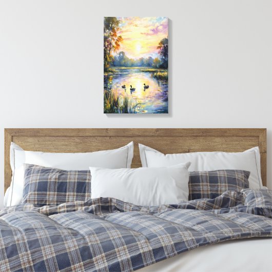 Golden Tranquility Sunset Pond Landschap met Eend Canvas Afdruk (Insitu (Slaapkamer))