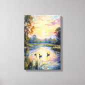 Golden Tranquility Sunset Pond Landschap met Eend Canvas Afdruk (Voorkant)