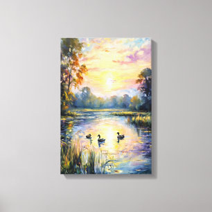 Golden Tranquility Sunset Pond Landschap met Eend Canvas Afdruk