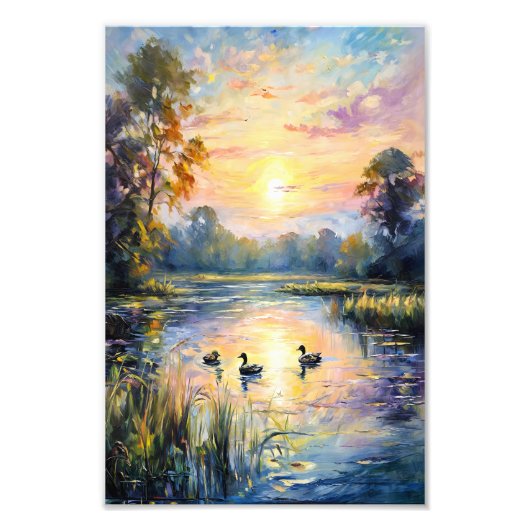 Golden Tranquility Sunset Pond Landschap met Eend Foto Afdruk (Voorkant)