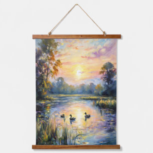 Golden Tranquility Sunset Pond Landschap met Eend Hangend Wandkleed