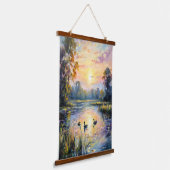 Golden Tranquility Sunset Pond Landschap met Eend Hangend Wandkleed (Gebogen)