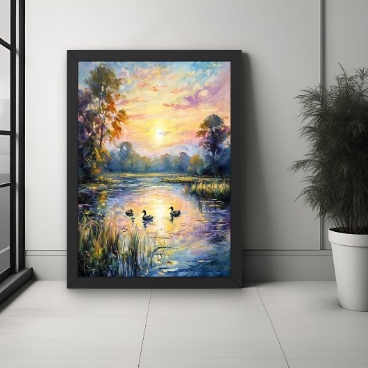 Golden Tranquility Sunset Pond Landschap met Eend Perfect Poster