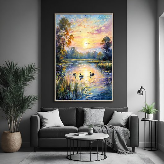 Golden Tranquility Sunset Pond Landschap met Eend Perfect Poster