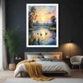 Golden Tranquility Sunset Pond Landschap met Eend Perfect Poster