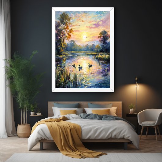 Golden Tranquility Sunset Pond Landschap met Eend Perfect Poster