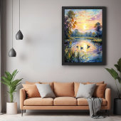 Golden Tranquility Sunset Pond Landschap met Eend Poster