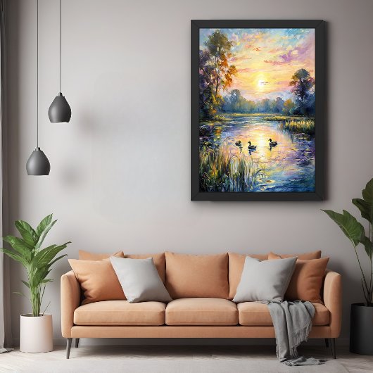 Golden Tranquility Sunset Pond Landschap met Eend Poster