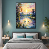 Golden Tranquility Sunset Pond Landschap met Eend Poster