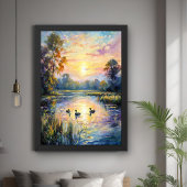 Golden Tranquility Sunset Pond Landschap met Eend Poster
