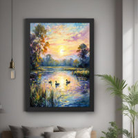 Golden Tranquility Sunset Pond Landschap met Eend