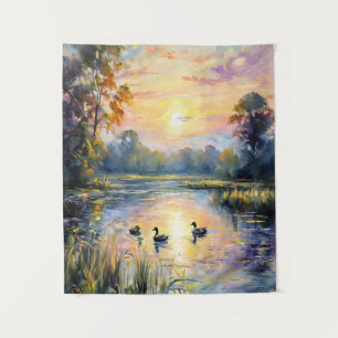 Golden Tranquility Sunset Pond Landschap met Eend Wandkleed