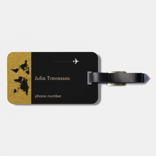 Golden travel wereldkaart gepersonaliseerd bagagelabel (Achterkant horizontaal)
