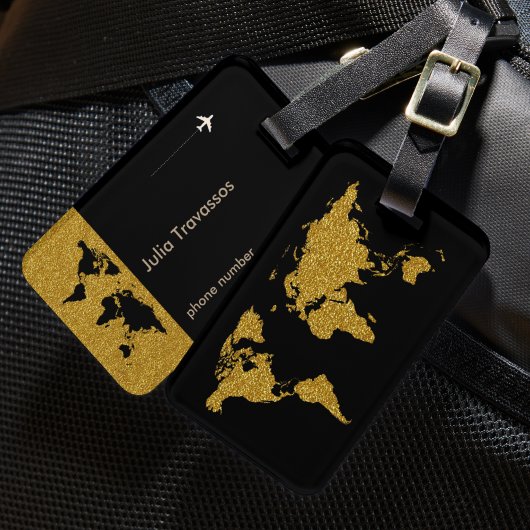 Golden travel wereldkaart gepersonaliseerd bagagelabel