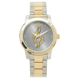 Golden Treble Clef met noten en schaduwen Horloge