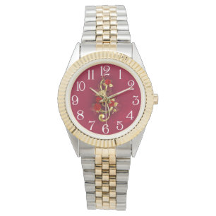 Golden Treble Clef met Rozen bloemen Horloge