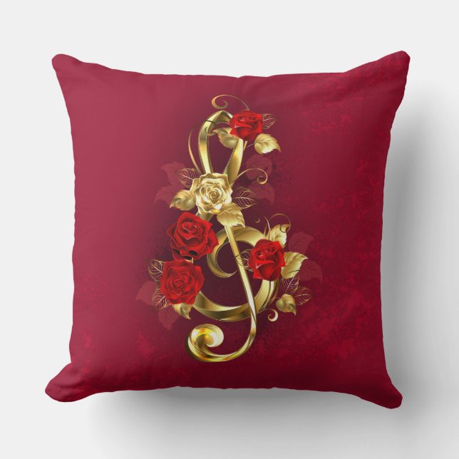Golden Treble Clef met Rozen bloemen Kussen (Voorkant)