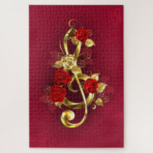 Golden Treble Clef met Rozen bloemen Legpuzzel