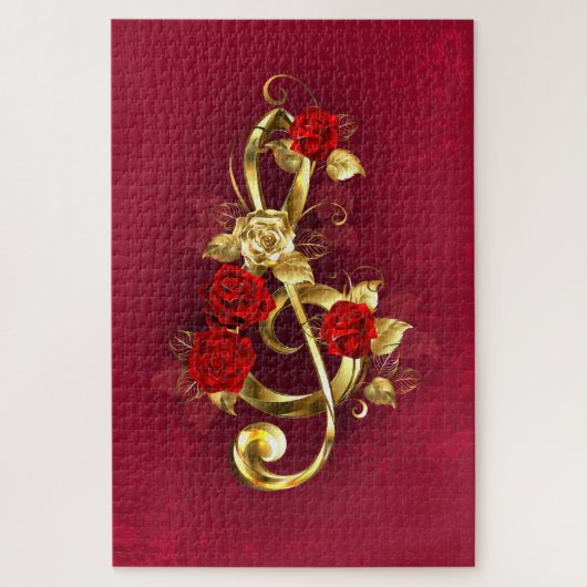 Golden Treble Clef met Rozen bloemen Legpuzzel (Verticaal)