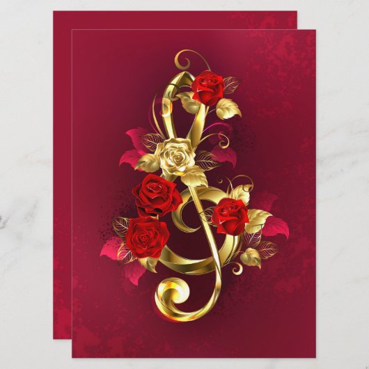 Golden Treble Clef met Rozen bloemen Menu (Voorkant / Achterkant)