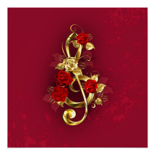 Golden Treble Clef met Rozen bloemen Perfect Poster (Voorkant)