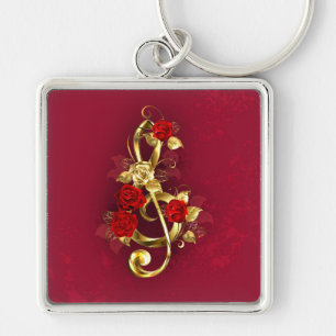 Golden Treble Clef met Rozen bloemen Sleutelhanger