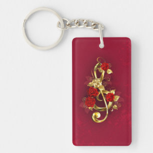 Golden Treble Clef met Rozen bloemen Sleutelhanger