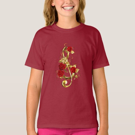 Golden Treble Clef met Rozen bloemen T-shirt (Voorkant)