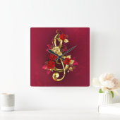 Golden Treble Clef met Rozen bloemen Vierkante Klok (Huis)