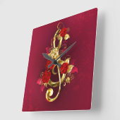 Golden Treble Clef met Rozen bloemen Vierkante Klok (Hoek)