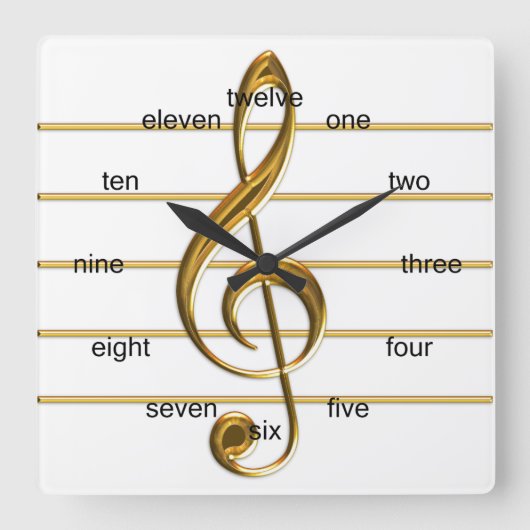 Golden Treble Clef Vierkante Klok (Voorkant)