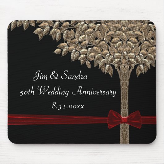 Golden Tree met rood lint en koolstof Muismat (Voorkant)