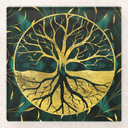 Golden Tree of Life Yggdrasil op Malachite Glazen Onderzetter (Voorkant)