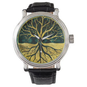 Golden Tree of Life Yggdrasil op Malachite Horloge