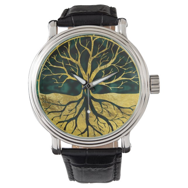 Golden Tree of Life Yggdrasil op Malachite Horloge (Voorkant)
