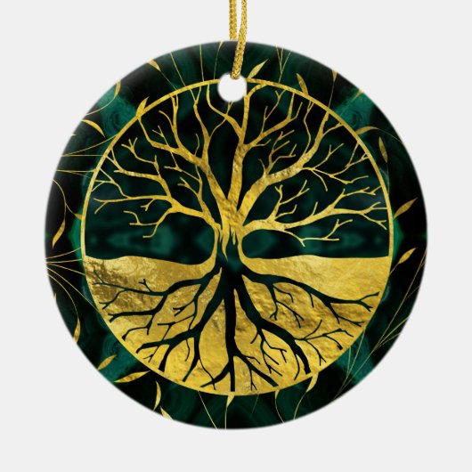 Golden Tree of Life Yggdrasil op Malachite Keramisch Ornament (Voorkant)