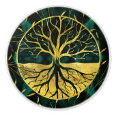 Golden Tree of Life Yggdrasil op Malachite Keramische Knop (Voorkant)